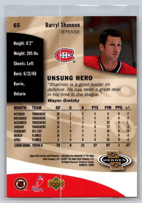 2000-01 Upper Deck Heroes #65 Darryl Shannon Montreal Canadiens - Image 2 of 2