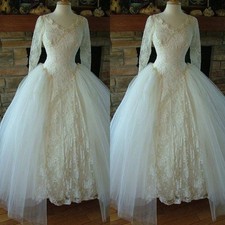Vintage Wedding Dresses with Train Long Sleeve V Neck Lace Applique Bridal Gowns