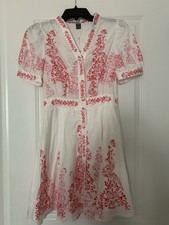 Red White Floral Print Puff Sleeves Button Front Notched Neck Dress Women-xs-US2
