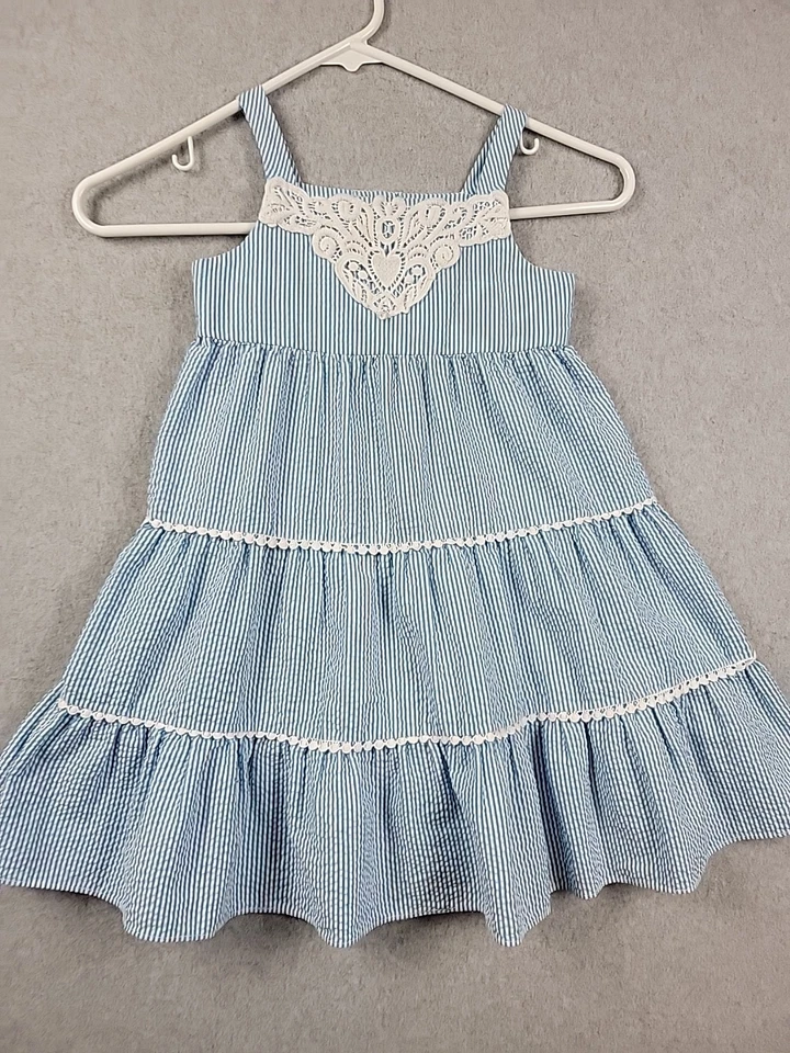 Peaches'n Cream Blue Seersucker Striped Crochet Tiered Tank Dress Girls 3T? - Image 2 of 4