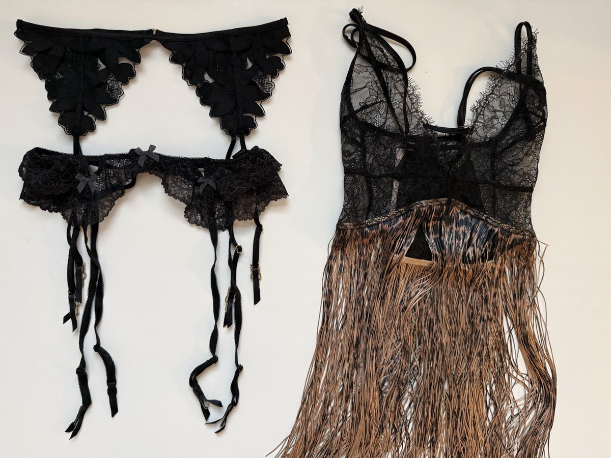 Victoria's Secret Lingerie Black Lace Garter Belts And Slip Dress Gown  Xsmall/S | eBay
