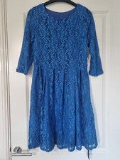 HANSHILI ROYAL BLUE EMBROIDERED LACE 3/4 SLEEVE FLOATY KNEE LENGTH SKATER DRESS