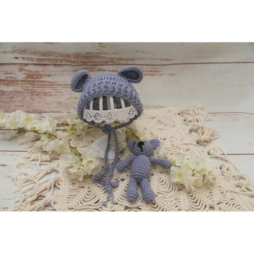 Newborn Bonnet Hat & Prop Friend Bunny Bear Photo Prop 2 Piece Set - Picture 9 of 25