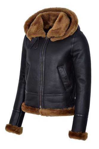 Chaqueta de piel de oveja marrón con capucha B3 Flying chaqueta de piel de oveja real F-05 - Imagen 4 de 7