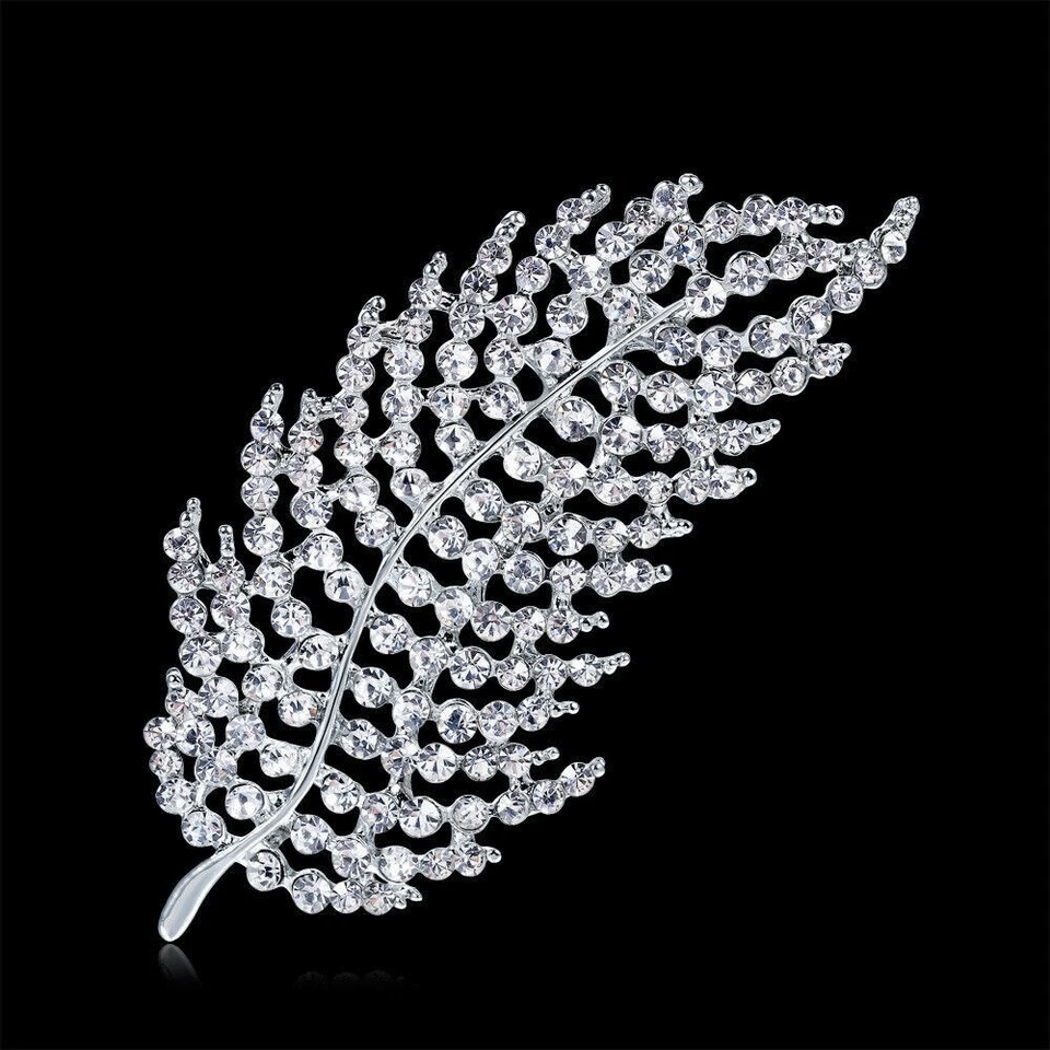 2.94" Large Vintage Deco Look Silver Tone Feather Crystal Leaf Brooch Gift Pin - Image 2 of 4
