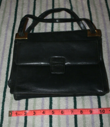 Vintage Black Removable Strap Satchel Hand Bag Gold Hardware Pockets Bue Lining
