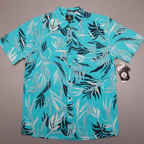 Volcom Bleeding Leaf Short Sleeve Button Up Shirt Electric Blue Men's Size L - Picture 2 of 7