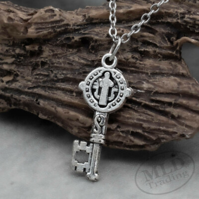 St Benedict Medal Key Pendant Necklace, 18'' Link Chain - Unique Catholic Jewelry