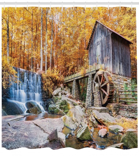 Historic Water Old Mill and Outdoor Nature in Fall Season Art Shower Curtain Set - Picture 2 of 2