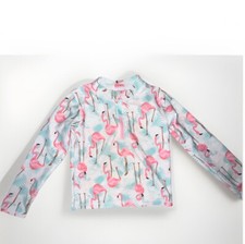 Ruffle Butts Rash Guard Girl's Sz 5 Flamingo Palm Tree Swim Top Pink Turquoise