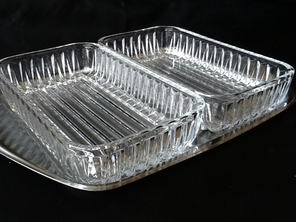 TISCHFEIN Kristallglas Kabarett Schalen rechteckig 3 tlg Edelstahl 18/10 Tablett