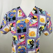 White Swan Halloween Short Sleeve Scrub Top Medium Pumpkins Black Cat Owl Nurse