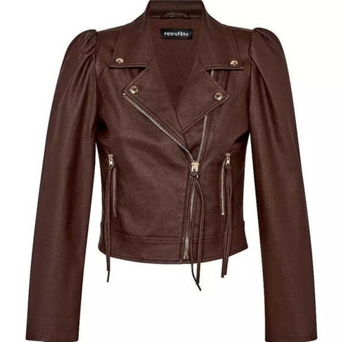 Retrofete Lo Giacca Rivestita Marrone Vegan Pelle Moto Giacca Frange Zip Dettagli Sm