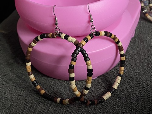 Handmade Crazy Mix Hoop Wood Bead Brown Earrings 2.5" - Picture 7 of 11