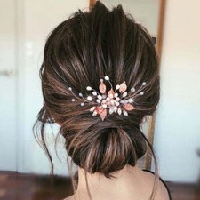 Bride Wedding Pearl Hair Comb Rose Gold Leaf Hair Piece Rhinestone Bridal Hai...