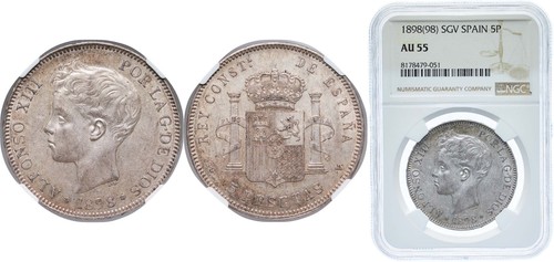 Spain 1898 1898 SGV 5 Pesetas Silver 900 NGC AU 55