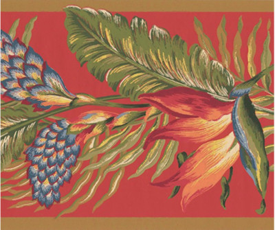 YORK Wallpaper Border BN1918B Bird of Paradise Palm Leaves On Coral/Red 5 Yards