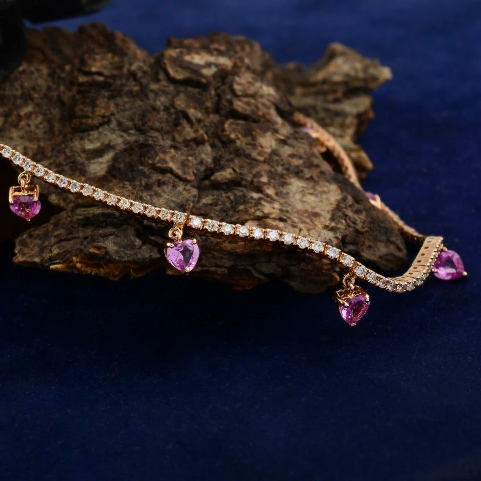 Synthetic Heart Pink Sapphire Round Cut Natural Diamond 18k Rose Gold Necklace - Image 4 of 4