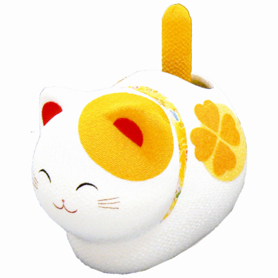 Solar Powered Kyoto Chirimen Maneki Neko Yellow Cat Bobble Tail