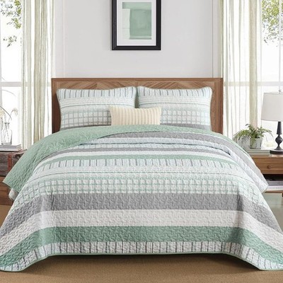 Striped Patchwork Bedspread Microfiber Quilt Bedding Set W/ Pillowcases New
