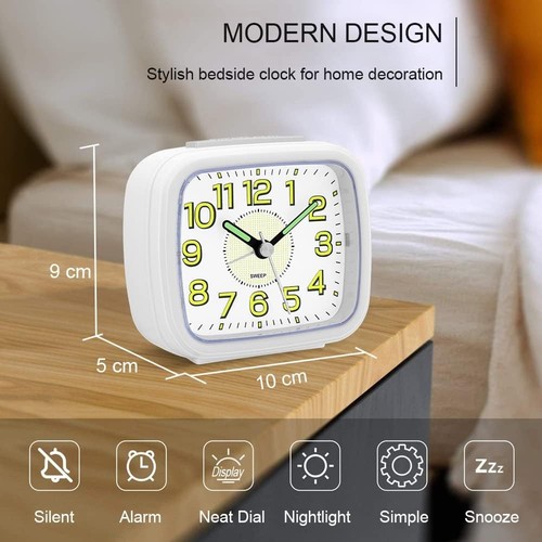 Small Alarm Clock Bedside Non Ticking Battery Powered Silent Luminous white new - Picture 4 of 7