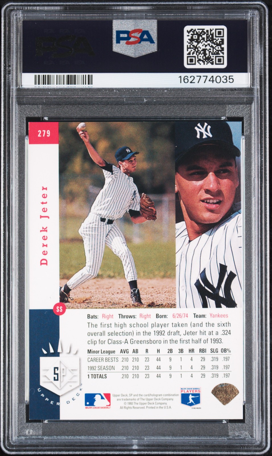 1993 SP FOIL #279 DEREK JETER ROOKIE RC PSA 6 view 2