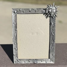 VTG Whimsical Sun Face Celestial Moon Star Pewter Photo Picture Frame Taiwan 7x5