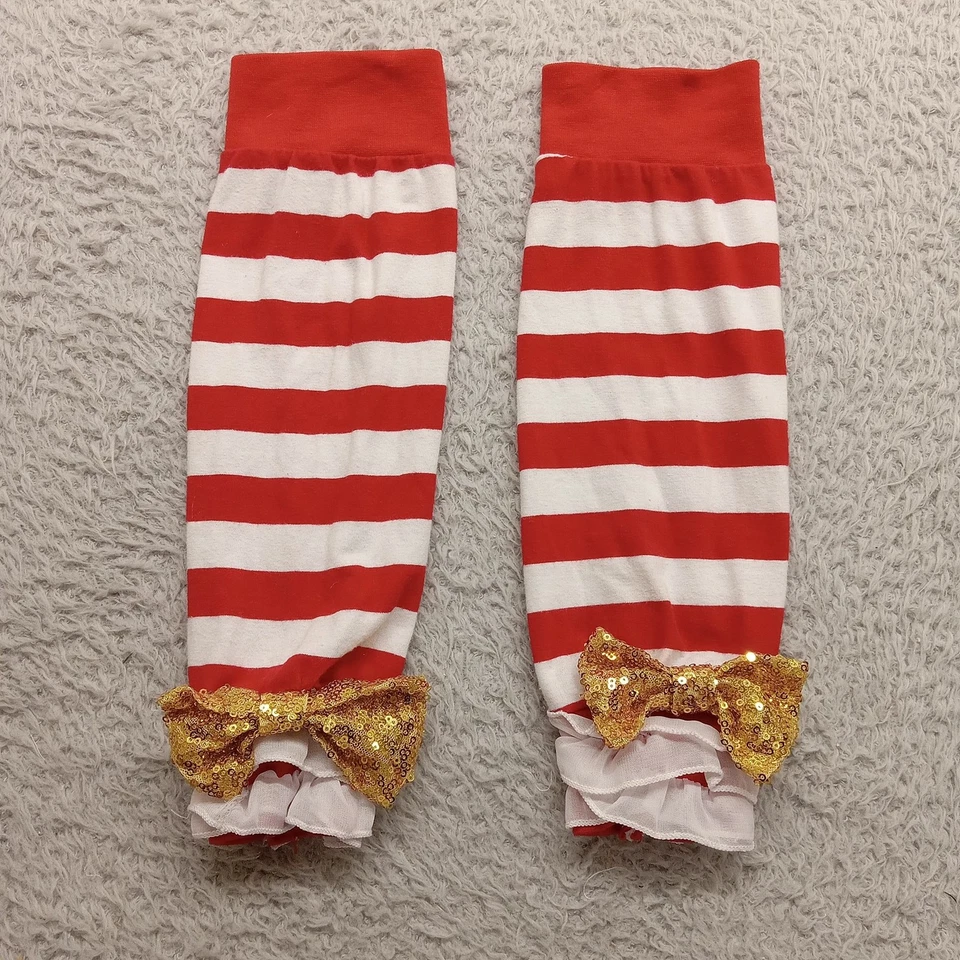 Girl's Candy Stripe Leg Warmers 13" Gold Sequin Bows - Image 3 of 4