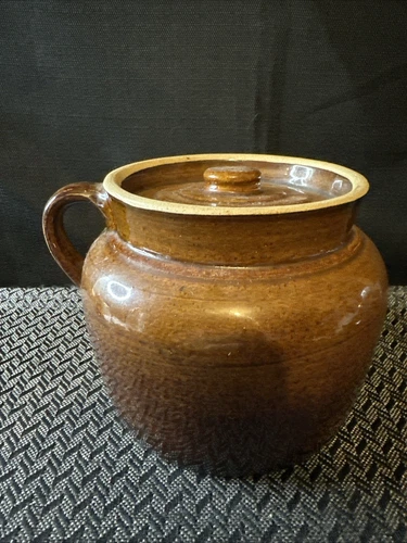 Vintage No 2 Brown Lidded Stoneware Bean Pot Crock Farmhouse Kitchen