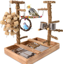 Natural Wood Bird Perch Stand, Multi-Layer Parrot Playground Gym with Feeding Cu