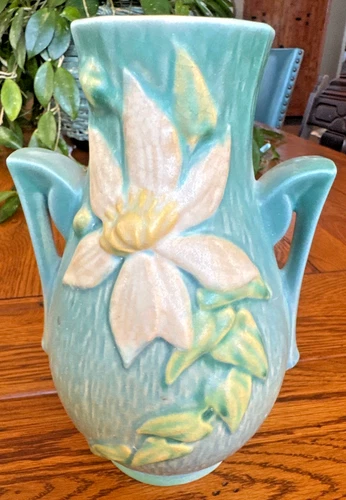 Vintage Roseville Pottery Magnolia Vase Green Double Handle Art Pottery 1940s