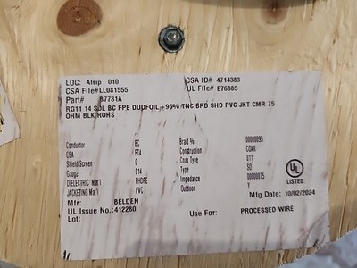 RG11 14 SOL BC FPE DUOFOIL + 95% TNC BRD SHD PVC JKT CMR 75 OHM BLK ROHS. 500FT