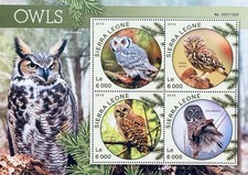 SIERRA LEONE GUFI FOGLIO FRANCOBOLLI MNH 2016 UCCELLI FAUNA SELVATICA GRANDE GUFO CORNA UCCELLINO