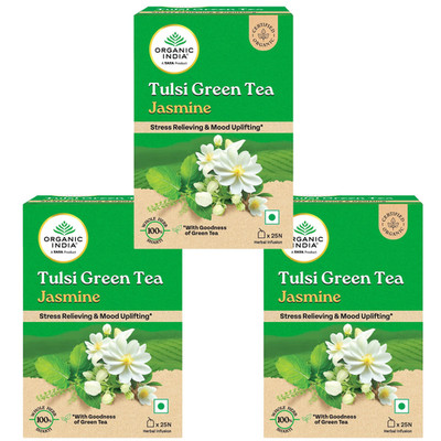 Organic India Tulsi Green Tea Jasmine 25 Tea Bags  Stress Relief  Mood Uplifting