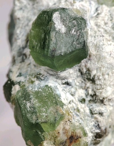 Green Andradite Var Demantoid Garnet Crystals In Fibrous Matrix, Unique Growth.