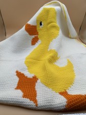 Hand Knit Child's Afghan Blanket Duck Design, 29  x 31  , Crib, Baby, Nursery