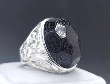 12 Imam Aqeeq Ring for Men – Engraved Shia Muslim Ring in Silver - Black agate