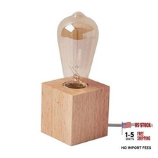 Vintage Table Lamp,Small Bedside Lamp with Square Wooden Square- Push button