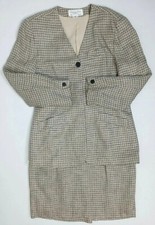 Vintage Christian Dior Wool Tweed Skirt Suit Blazer Size 12 Beige Black Plaid