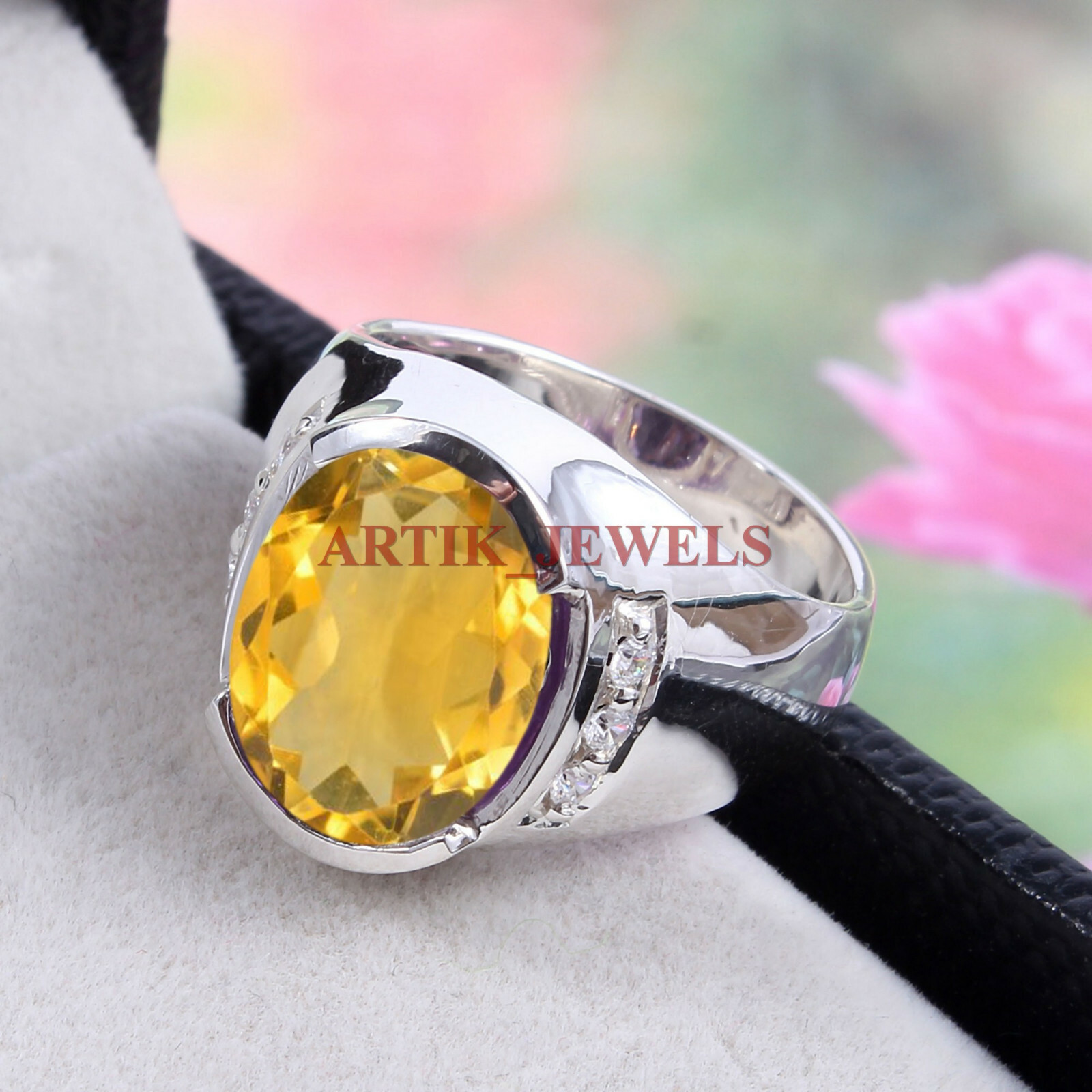 Natural Citrine Gemstone with 925 Sterling Silver Ring for Men's #5586