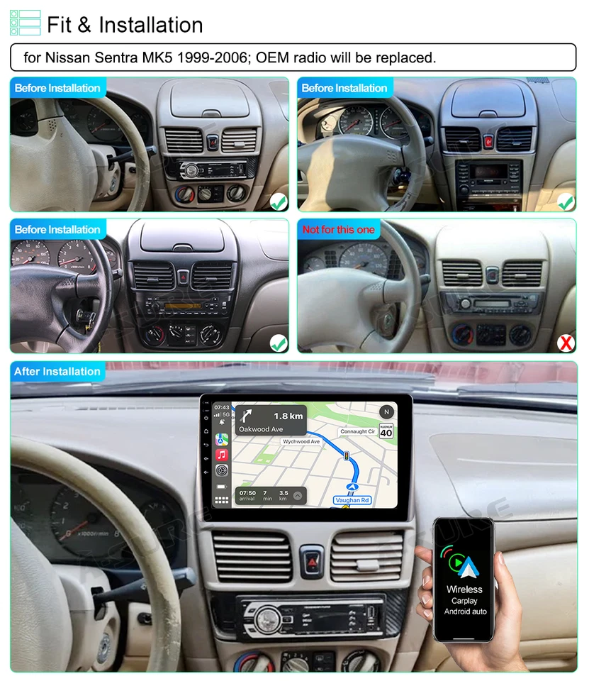 4+64GB For Nissan Sentra 1999-2006 Android 14 Car Radio Stereo Navi Wifi Carplay — 第 2/4 张图片