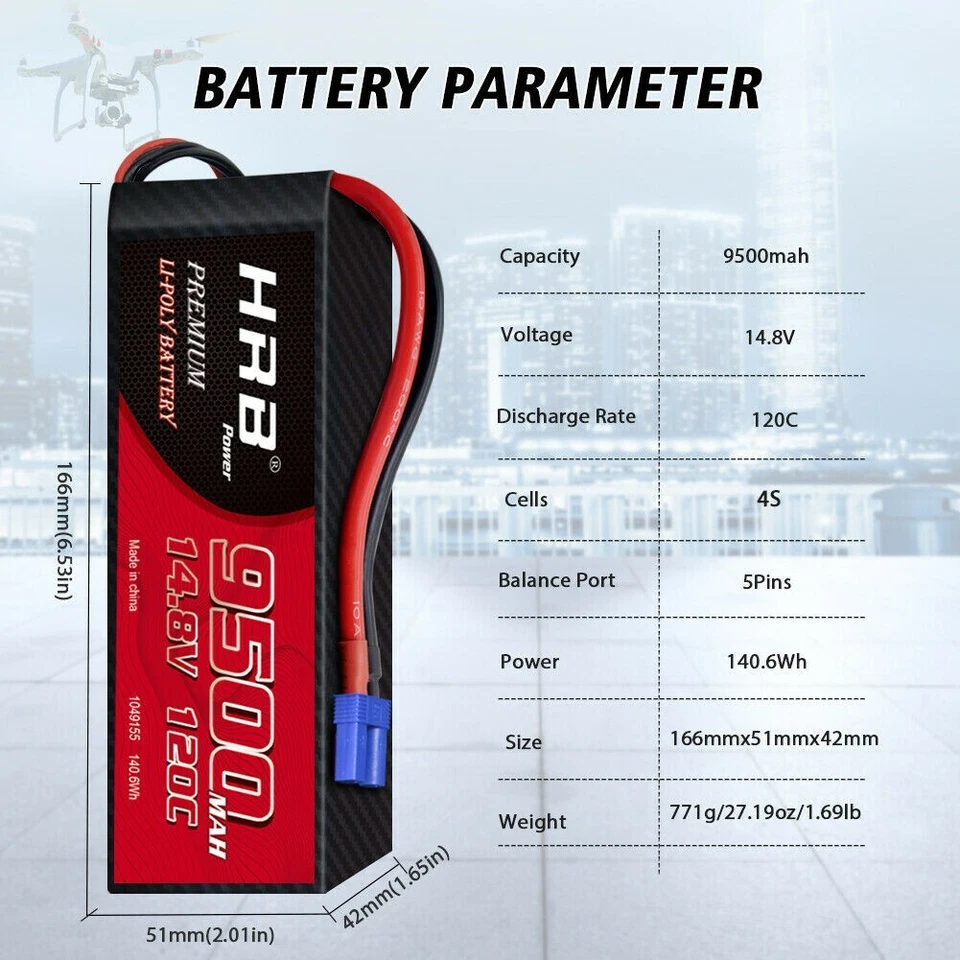 2x HRB 14.8V 4S 9500mAh LiPO Battery EC5 for RC Car X-Maxx V2 UDR Car Truck - Image 2 of 4