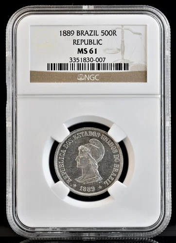 1889 Brazil 500R Republic Silver Coin NGC MS61