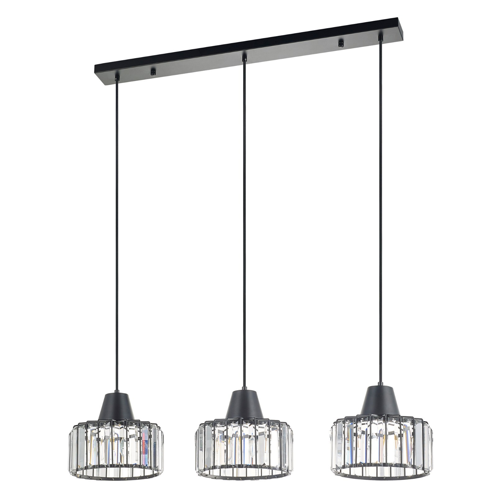 3 Light Bar Crystal Pendant Ceiling Light, Adjustable Height, Black Finish