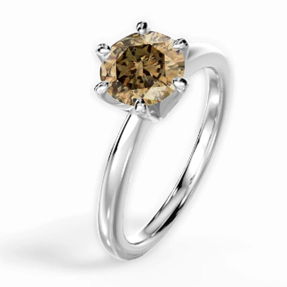 Anillo solitario de diamantes marrones 100 % naturales de forma redonda de 1,02 quilates en oro blanco de 14 quilates Foto 2 de 4