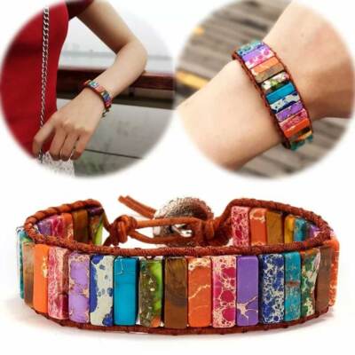 7 Chakra Armband Handarbeit Naturstein Röhre Perlen Leder Wickel Damen Armreif