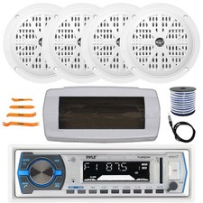 Pyle Bluetooth Marine Receiver, Cover, Antenna, Wire, 4x 4'' 100W White Speakers