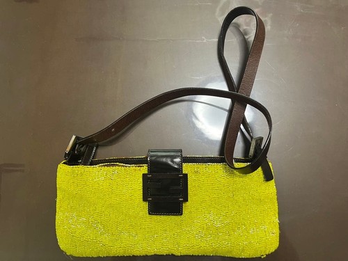 FENDI Logo Beads Mamma Baguette Crossbody Shoulder Bag Yellow Brown Used