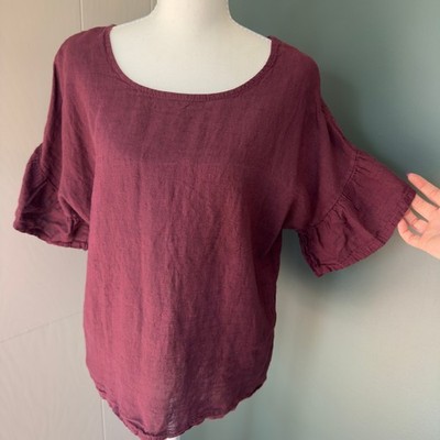 Elena Baldi Italy Burgundy 100% Linen Ruffle Flutter Sleeve Blouse Top Small
