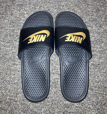 Nike Benassi JDI Men's Slide Sandals Black/Gold Logo Slip On US 12 Men s